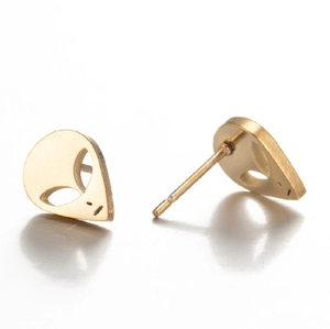 Paire de boucles d'oreilles tête d'alien en acier inoxydable doré sur fond blanc