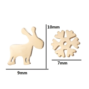 Golden stainless steel asymmetric deer and snowflake stud earrings with size markers