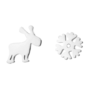 Polished stainless steel reindeer and snowflake asymmetric stud earrings on white background