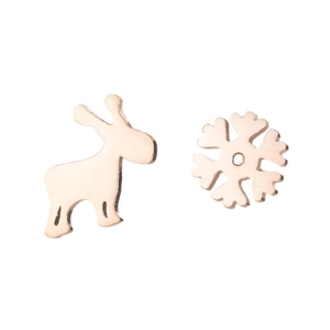 Rose gold stainless steel asymmetrical reindeer and snowflake stud earrings for women