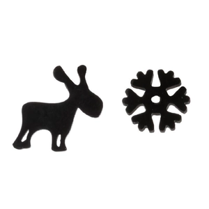 Asymmetric stainless steel earrings with black matte reindeer and snowflake designs