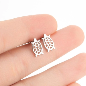 Minimalist silver stainless steel sea turtle stud earrings with hollow shell design