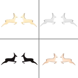 Close-up of cute deer stud earrings set in gold, silver, black, and rose gold finishes