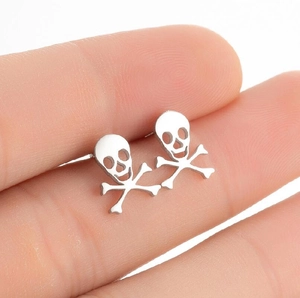 Gothic punk skull and crossbones stud earrings in polished stainless steel for women