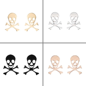 Skull and crossbones stainless steel stud earrings in gold, silver, black, and rose gold