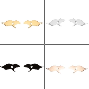 Detail view of animal mouse outline stud earrings in gold, silver, black, and rose gold