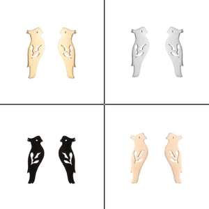 Minimalist hollow bird stud earrings shown in gold, silver, black, and rose gold finishes