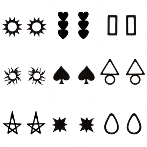 9 pairs of minimalist black stainless steel stud earrings featuring geometric heart and star shapes
