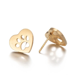 Golden heart-shaped stud earrings with hollow cat paw print design and minimalist finish