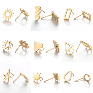 Set of 9 gold stainless steel geometric stud earrings including heart and star shapes