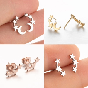 Minimalist Stainless Steel Ear Studs Star Moon Shaped Ear Crawlers Geometric Fashion Jewelry For Women