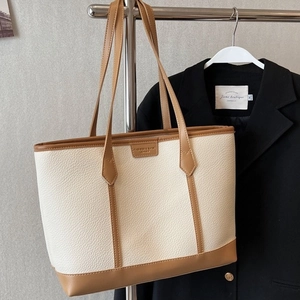 Large capacity off-white and brown lychee texture tote bag for women commuting