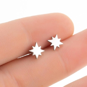 Macro shot of silver octagonal star stud earrings with a matte brushed finish