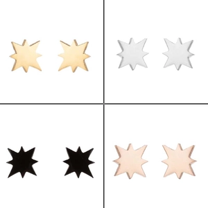 Detail view of octagonal star stud earrings in gold, silver, black and rose gold finishes