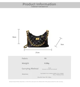 Detailed size chart showing a 21x18x9cm black quilted handbag with chain strap