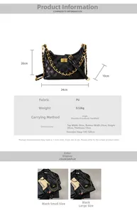 Quilted crossbody bag details showing small and large size options with gold chain