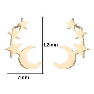 Star and moon stud earrings in polished gold finish with 12mm by 7mm dimensions