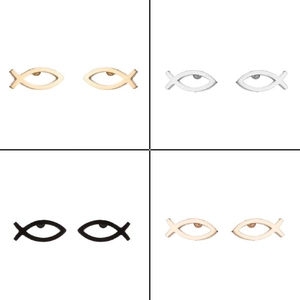 Minimalist fish-shaped stud earrings in gold, silver, black, and rose gold finishes