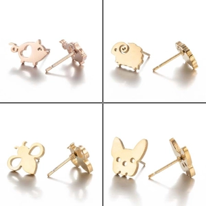 Cute gold animal stud earrings featuring hollow pig, sheep, butterfly and bulldog designs