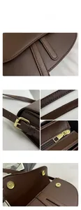 Detailed views of coffee brown leather saddle bag with gold hardware and precision stitching