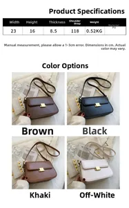 Detailed chart showing PU leather shoulder bag specs and 23x16x8.5cm dimensions