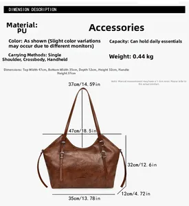 Tabella taglie dettagliata per la borsa tote in pelle PU marrone con dimensioni in cm e pollici
