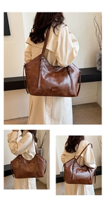 Dettaglio della borsa tote marrone vintage con spalline regolabili e pelle oliata