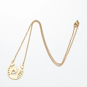 Minimalist gold stainless steel horseshoe necklace with cutout horse head pendant on white