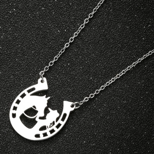 Polished stainless steel horse head horseshoe pendant necklace with O-chain for women