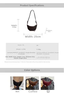 Detailed size specifications and color options for the crescent leather crossbody bag