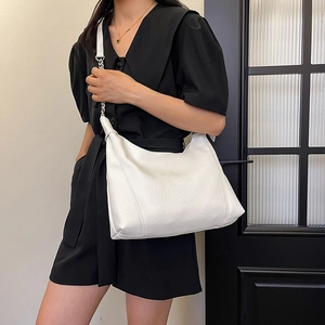White large capacity tote bag with litchi grain leather and silver chain strap for women