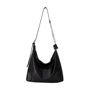Vintage black lychee textured hobo tote with metallic chain strap and side knot detail