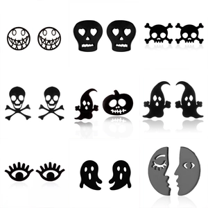 Detailed set of 9 black Halloween stud earrings featuring ghosts, skulls and pumpkins