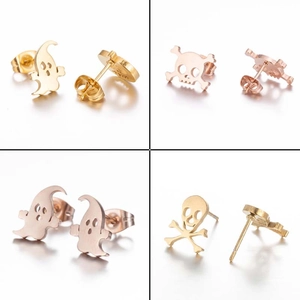 Halloween ghost and skull stainless steel stud earrings in gold and rose gold finishes