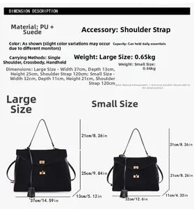 Size chart showing large and small frosted leather tote bags with specific dimensions