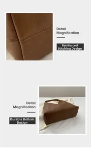 Detail of reinforced stitching and wide stable bottom on dark brown vintage tote bag