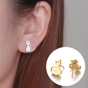 Boucles d'oreilles minimalistes en forme de chat en acier inoxydable doré et argenté