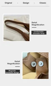 Detail view of reinforced wide shoulder strap and magnetic snap closure on a brown tote