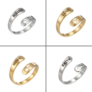 Stainless Steel Open Adjustable Ring With Hollow Cross Faith Hope Love Blessed Lettering Religious Jewelry