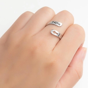 Silver adjustable double-layer ring with Faith engraving and hollow cross design