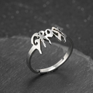 Retro stainless steel open ring with fluid gothic GHOST lettering on dark stone
