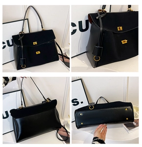Detailed views of black matte tote bag showing golden twist lock and metal feet