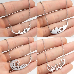 Stainless Steel Necklace With Skiing Surfing Music Note Forest Bear Design Minimalist Jewelry For Women