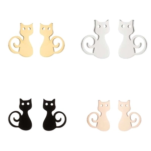 Boucles d'oreilles chat mignon en acier inoxydable, couleurs or, argent, noir et rose