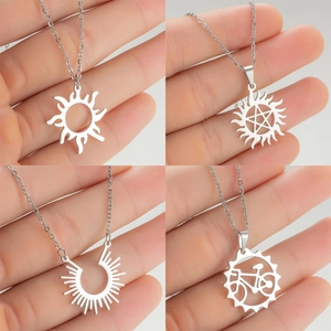 Stainless Steel Pendant Necklace Sun Flame Pentagram Bicycle Gear Geometric Hollow Jewelry For Women Boho Elegant