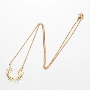 Gold stainless steel U-shape necklace with sunburst pendant and lobster clasp detail