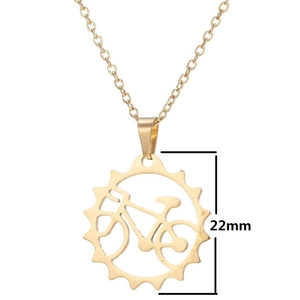 Golden stainless steel necklace featuring a 22mm hollow bicycle gear circular pendant
