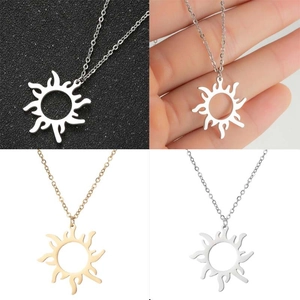 Collage of sun pendant necklace in gold and silver showing details and lifestyle wear