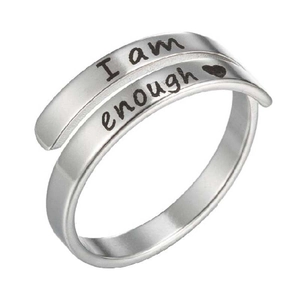 Minimalist stainless steel wrap ring with I Am Enough engraving and heart symbol