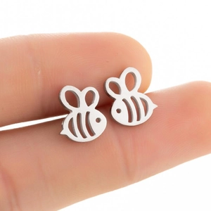 Polished stainless steel hollow bee stud earrings for women with minimalist animal design